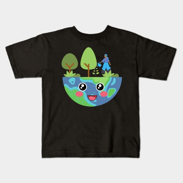 Cute Green and Clean Happy Earth Kids T-Shirt by Magitasy